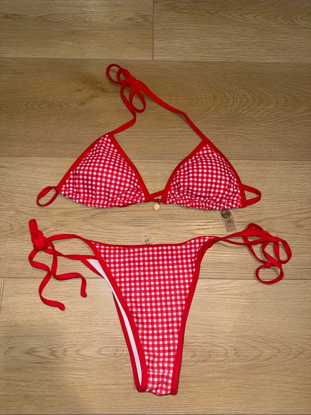 Red Gingham Triangle String Bikini Top & Tie-Side Bottoms